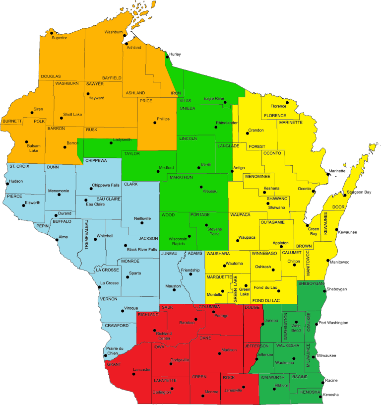 Map of Wisconsin Counties for Honor Flight